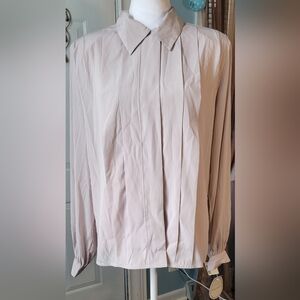 80s Vintage Pleated Front Blouse Womens 12 Pale Ecru Long Lantern Sleeve NWT